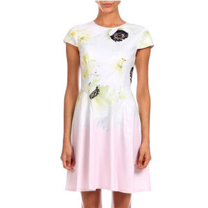 Ted Baker Ombre Pink White Pastel Cap Sleeve Mini Skater Dress Size 3 Medium